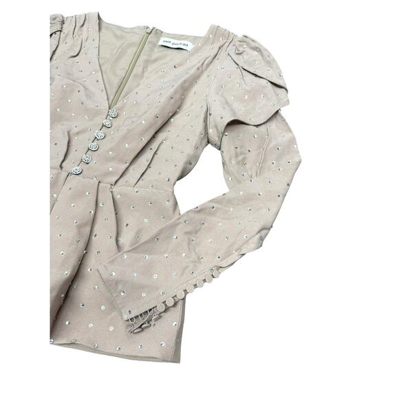 Self Portrait Blush Pink Crystal Button Crepe Blouse Peplum Long Sleeve sz 4 - Picture 5 of 14